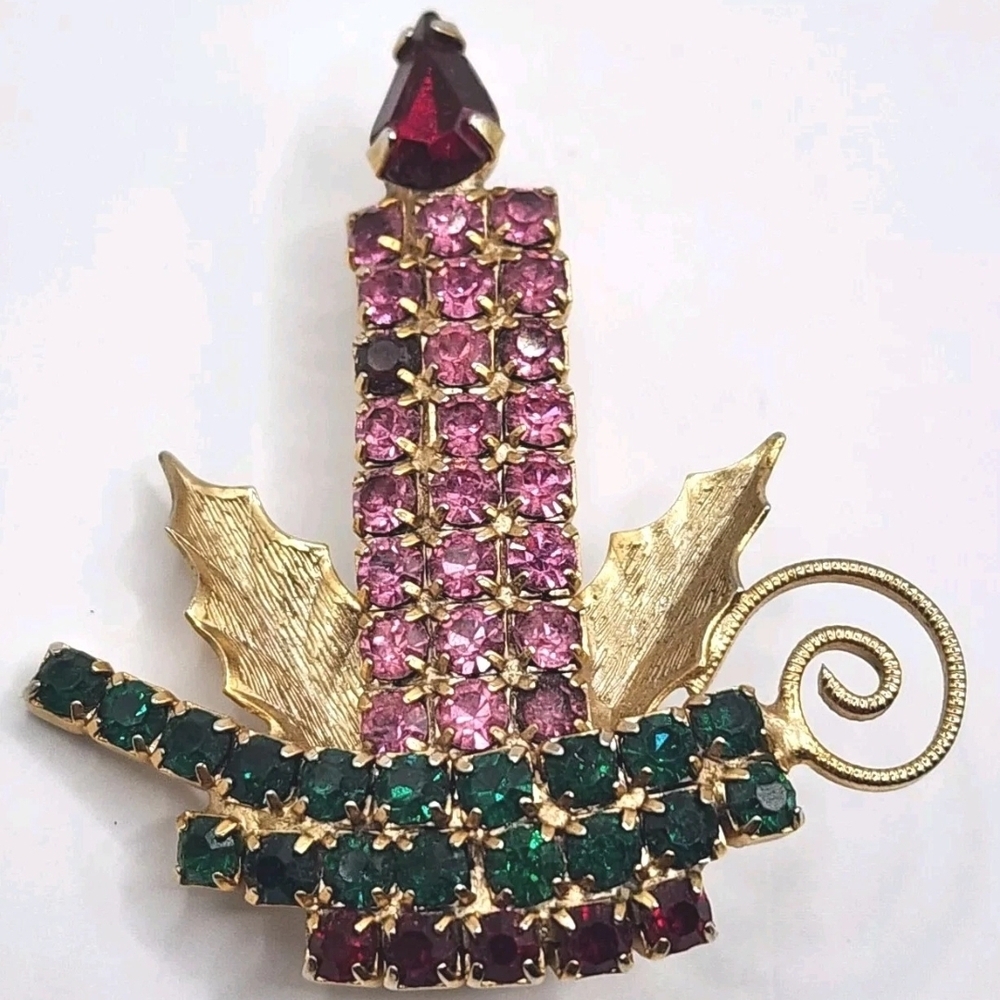 Vintage Hobe Rhinestone Christmas Brooch Candlestick
